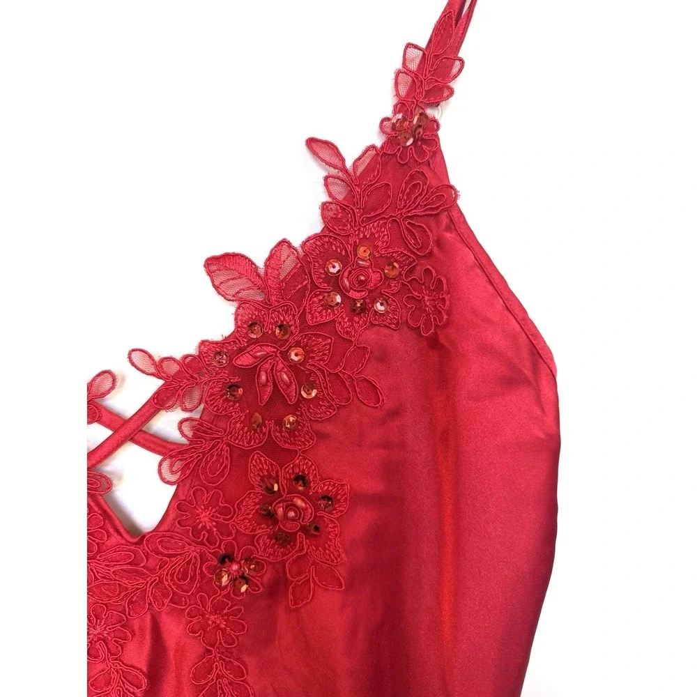Vintage 90s Shirley Hollywood Satin‎ Lace Mini Cami Slip Dress Size M Red Sheer